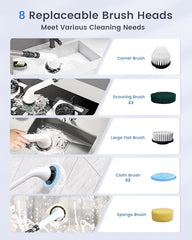 Electric Spin Scrubber-Cordless Cleaning Brush with 8 Replaceable Brush Heads and Adjustable Extension Handle, Dual Speed Electric Spin Brush for Cleaning Bathroom, Tub, Tile, Floor, etc (White)