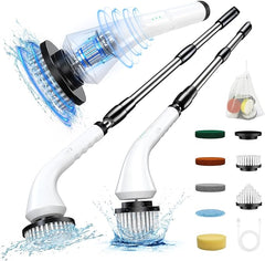 Electric Spin Scrubber-Cordless Cleaning Brush with 8 Replaceable Brush Heads and Adjustable Extension Handle, Dual Speed Electric Spin Brush for Cleaning Bathroom, Tub, Tile, Floor, etc (White)