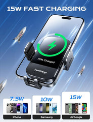 Wireless Car Charger, 15W Fast Charging Auto Clamping Car Charger Phone Mount Phone Holder fit for iPhone 15 14 13 12 11 Pro Max Xs, Samsung Galaxy S24 Ultra S23 S22 S21, S20, S10+, Black
