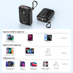 BLAVOR Portable Charger with Built-in Cable, PD 20W Fast Charging Power Bank, 10000mAh Mini Power Pack