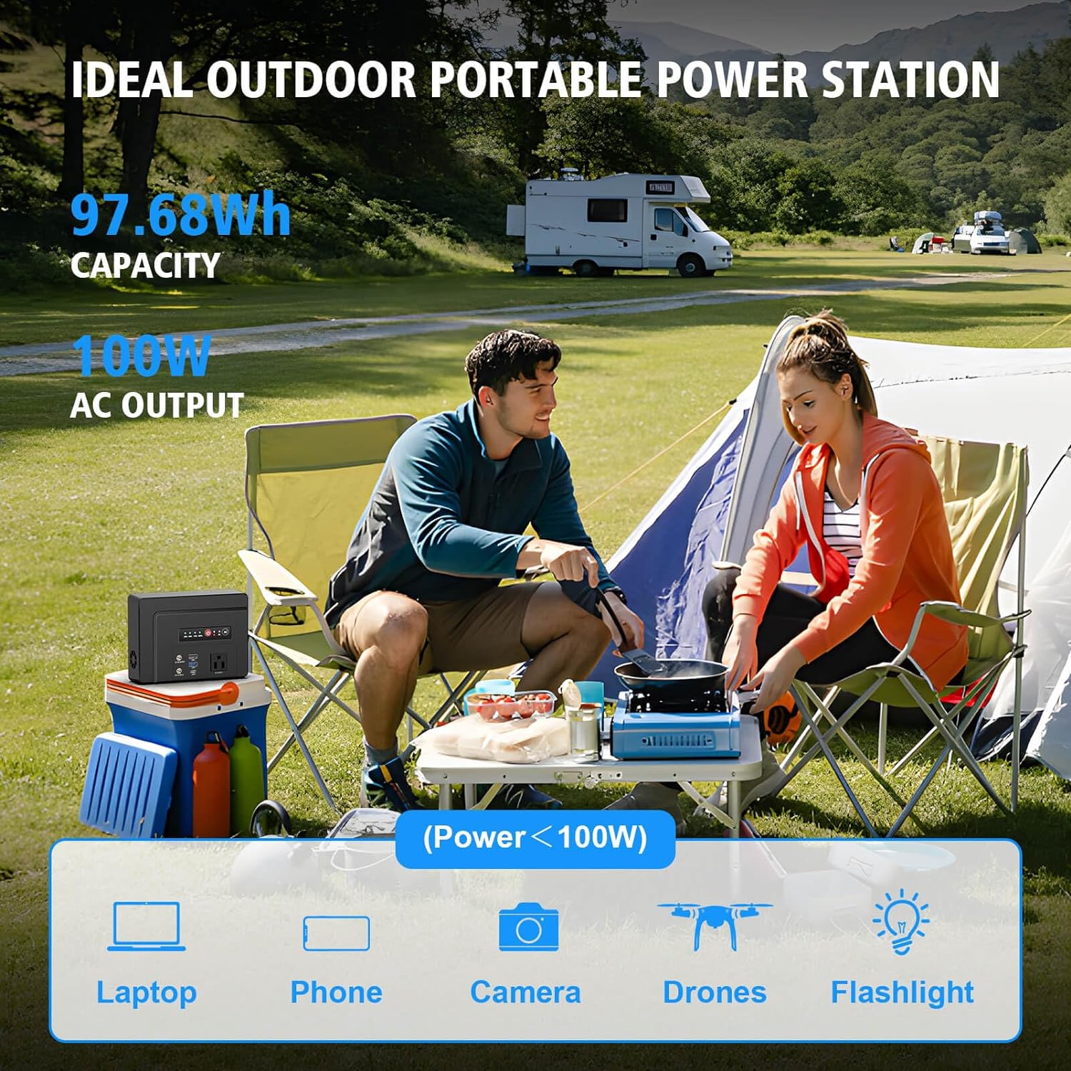 Powkey Portable Power Station 100W/97.68Wh Camping Generator 26400mAh