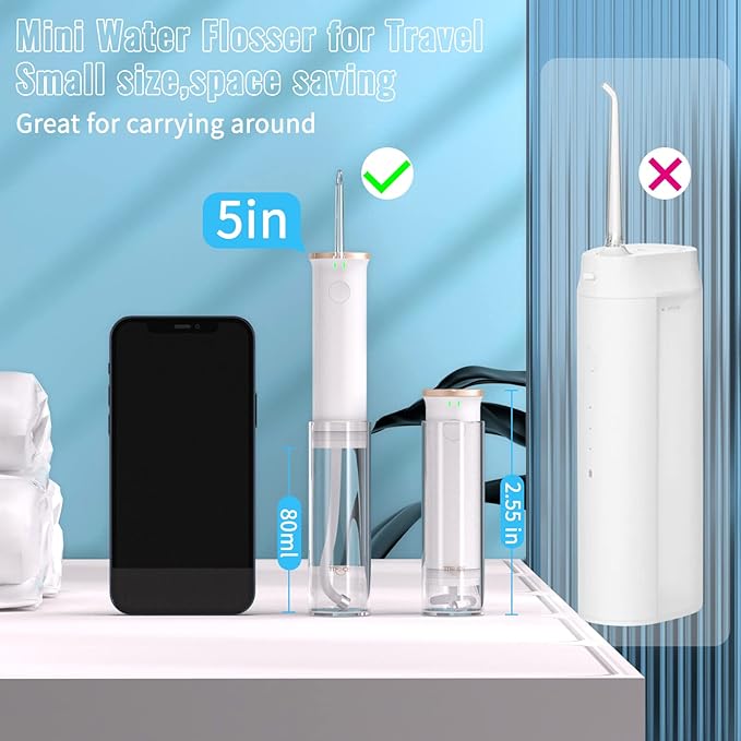 Mini Portable Water Flosser 80ML for Travel & Kids White Cordless Picks for Teeth Cleaning & Braces Care with 2 Water Toothpick Tips 2 Spray Modes