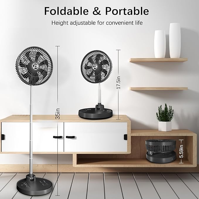 PANERGY 10” Portable Fan 20000mAh Battery Operated Rechargeable, Auto-Oscillating Pedestal Fan with Remote,4 Speeds, Quiet, Cordless Foldable Telescopic Fan for Travel, Bedroom, Home, Office