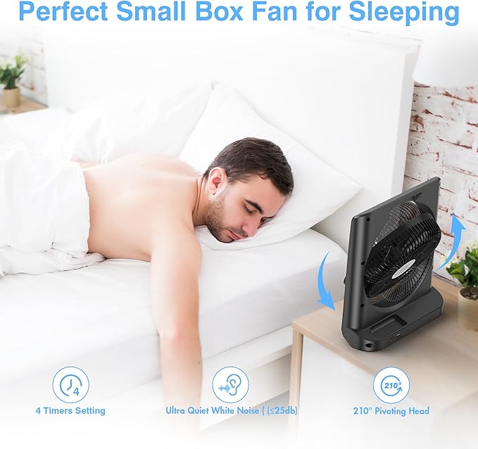 Box Fan, 20000mAh Rechargeable Battery Powered Window fan, 10" Quiet Small Box Fan for Window, 4 Speeds Square Fan for Bedroom Kitchen Office, 210° Pivoting Table Fan with Remote for Desk