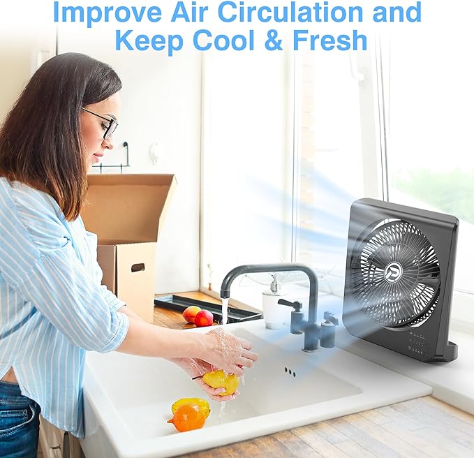 Box Fan, 20000mAh Rechargeable Battery Powered Window fan, 10" Quiet Small Box Fan for Window, 4 Speeds Square Fan for Bedroom Kitchen Office, 210° Pivoting Table Fan with Remote for Desk