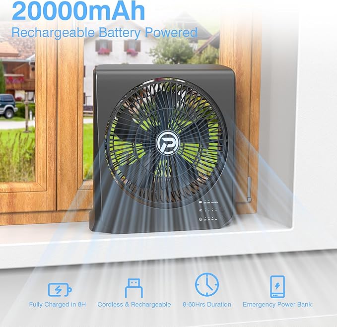 Box Fan, 20000mAh Rechargeable Battery Powered Window fan, 10" Quiet Small Box Fan for Window, 4 Speeds Square Fan for Bedroom Kitchen Office, 210° Pivoting Table Fan with Remote for Desk
