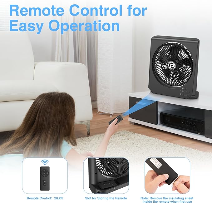 Box Fan, 20000mAh Rechargeable Battery Powered Window fan, 10" Quiet Small Box Fan for Window, 4 Speeds Square Fan for Bedroom Kitchen Office, 210° Pivoting Table Fan with Remote for Desk