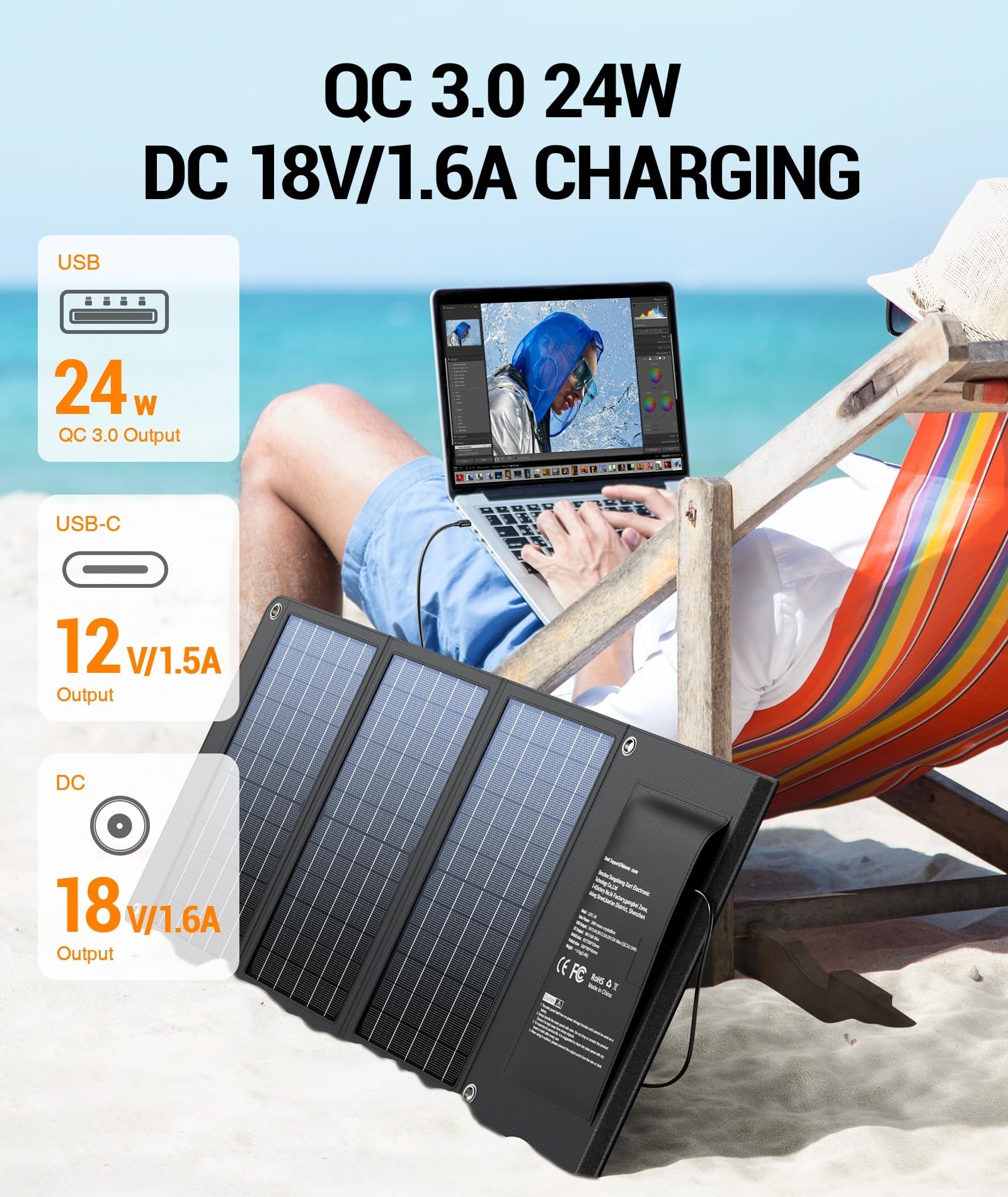 30W Foldable Solar Charger, USB-A QC3.0, 24W USB-C, DC 30W Outputs, IPX4 Waterproof, for Solar Generators, Phones, Tablets