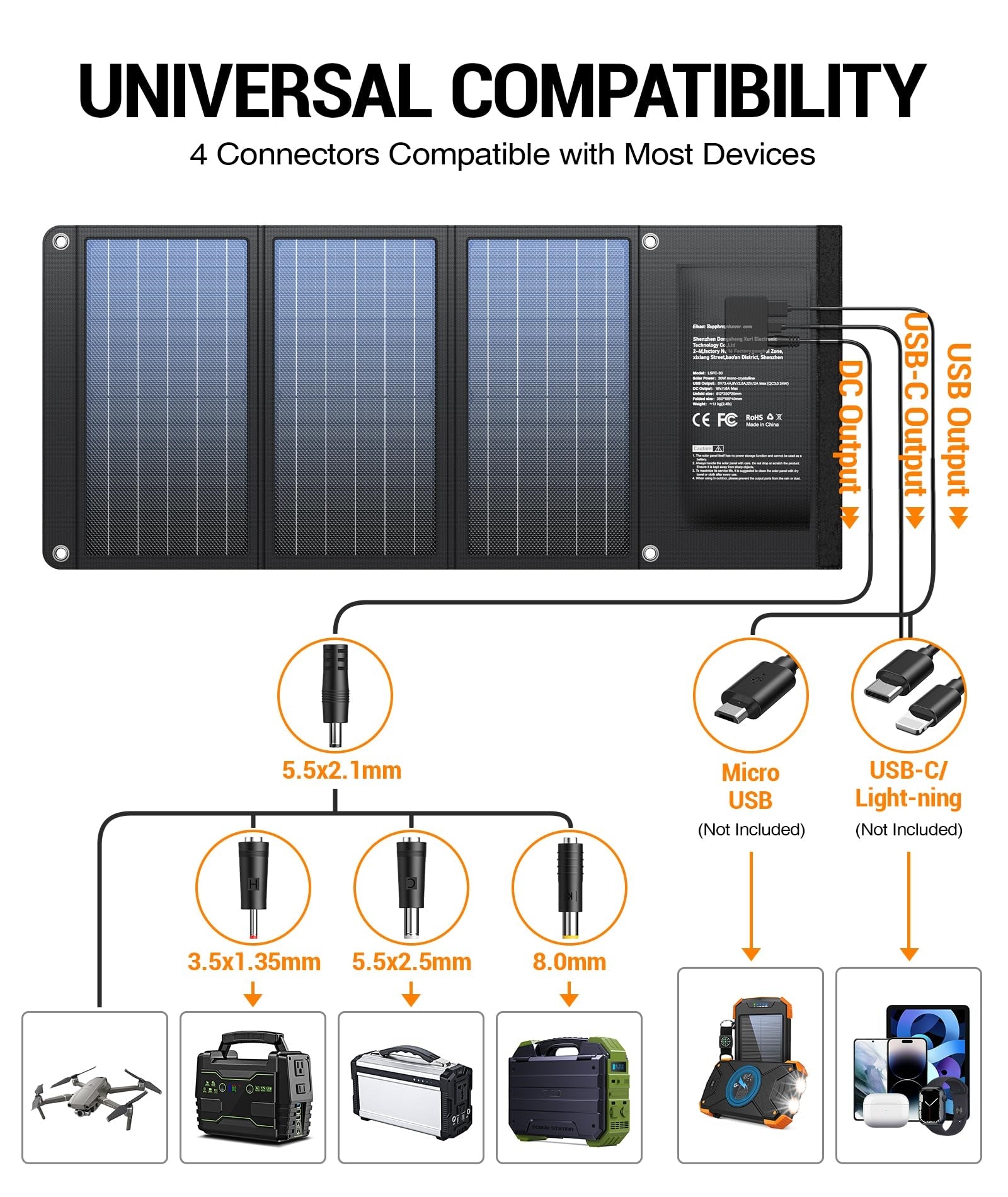 30W Foldable Solar Charger, USB-A QC3.0, 24W USB-C, DC 30W Outputs, IPX4 Waterproof, for Solar Generators, Phones, Tablets