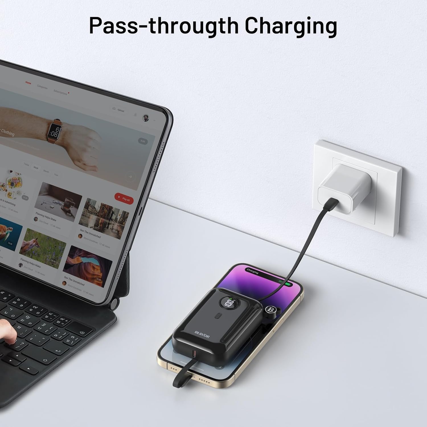 BLAVOR Portable Charger with Built-in Cable, PD 20W Fast Charging Power Bank, 10000mAh Mini Power Pack