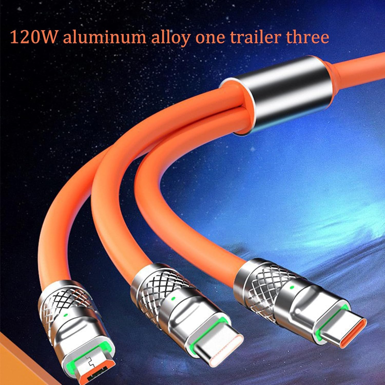 Orange 3 in 1 Multi USB Cable 100W Multi Charger Cable Fast Charging Cable to Various Mobile Phones with Type-C/Android/Charging Ports