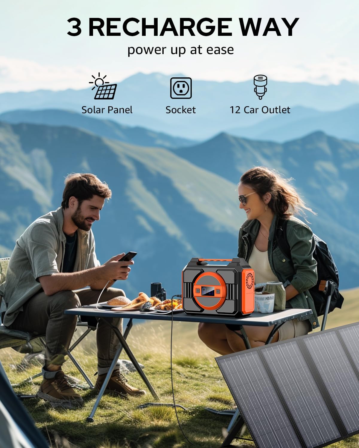 Portable Power Station Bank 300W Rated(600W Peak),220Wh Solar Powered Power Bank