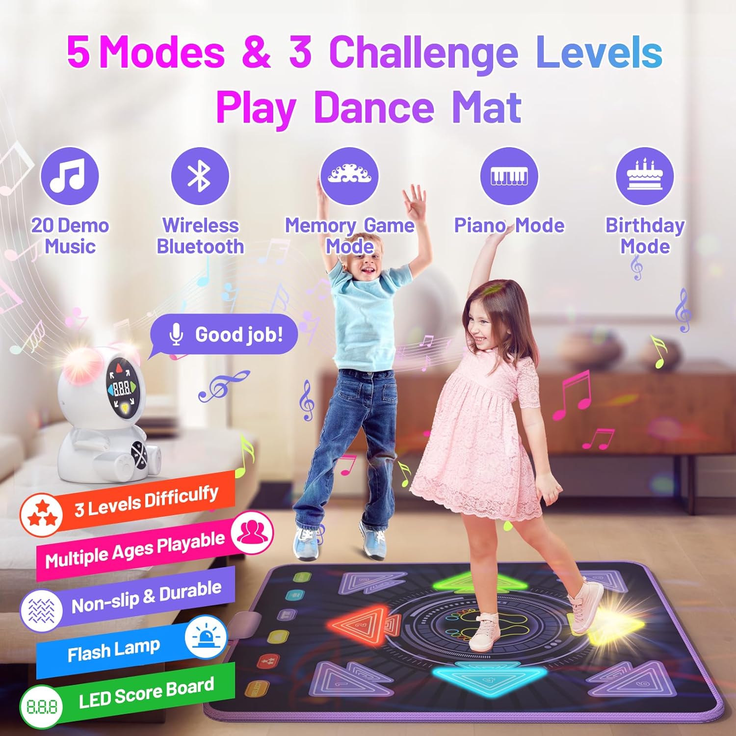 Rechargeable Dance-Mat for Girls Boys, Kids Birthday Gifts Ideas, Wireless Bluetooth Electronic Dance-Pad Game for 3-12 Year Old Kids Exercise - Light-Up Dancing Floor Mat Connect Music Player