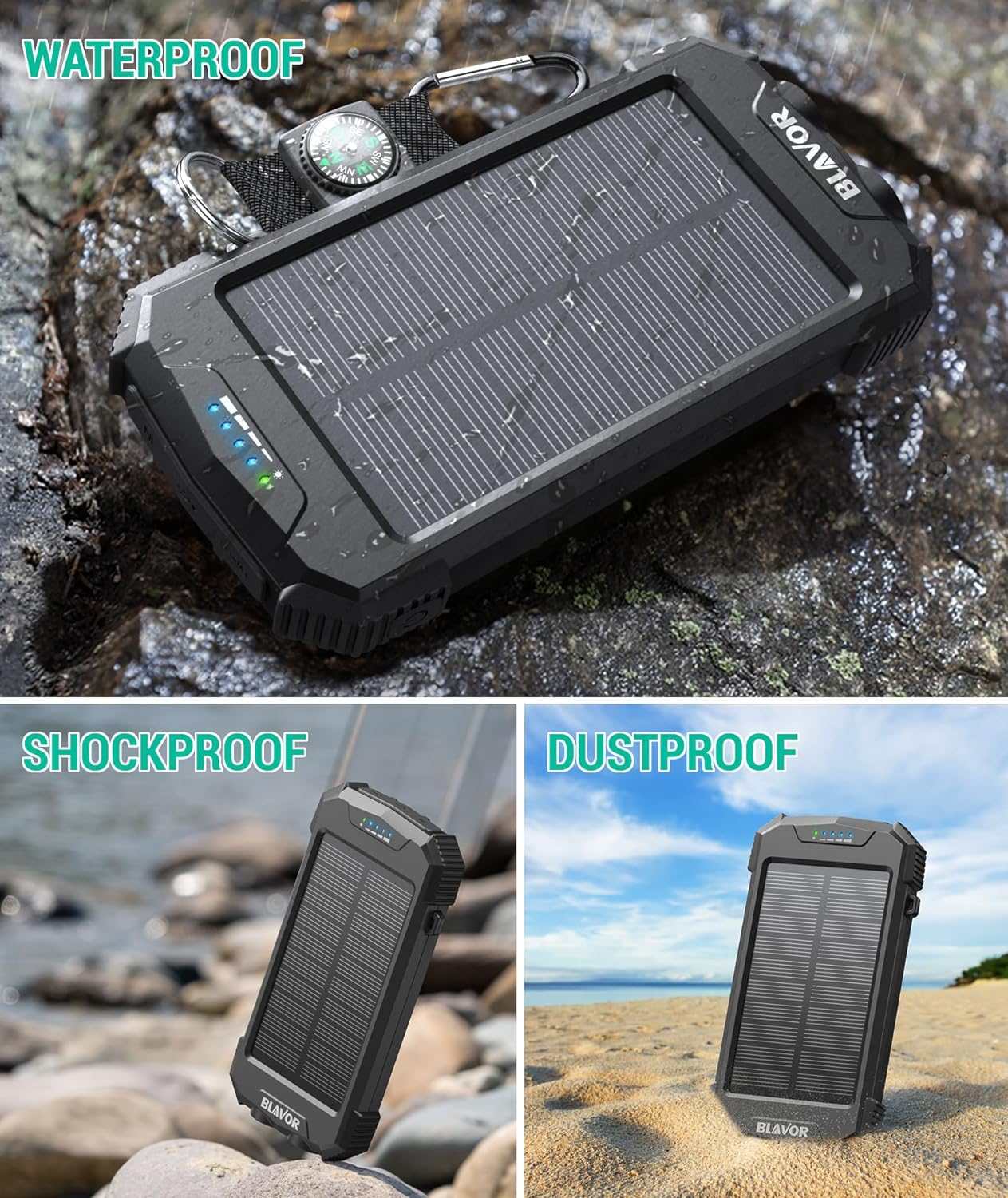 BLAVOR Solar Charger Power Bank, Real Rated 10,000mAh Portable Wireless Charger