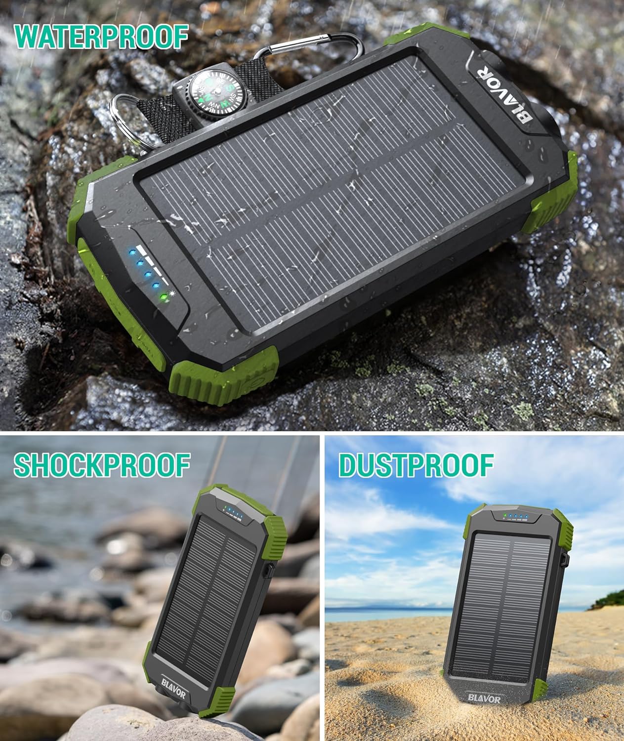 BLAVOR Solar Charger Power Bank, Real Rated 10,000mAh Portable Wireless Charger