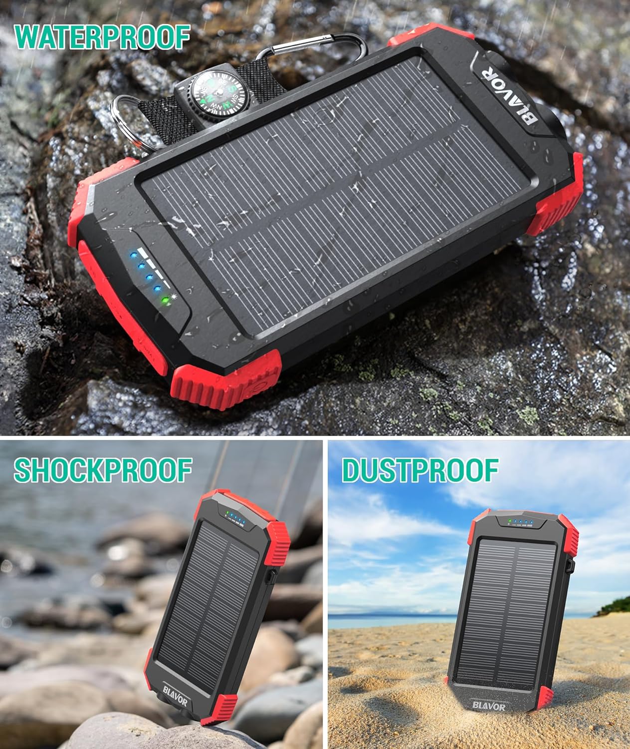 BLAVOR Solar Charger Power Bank, Real Rated 10,000mAh Portable Wireless Charger