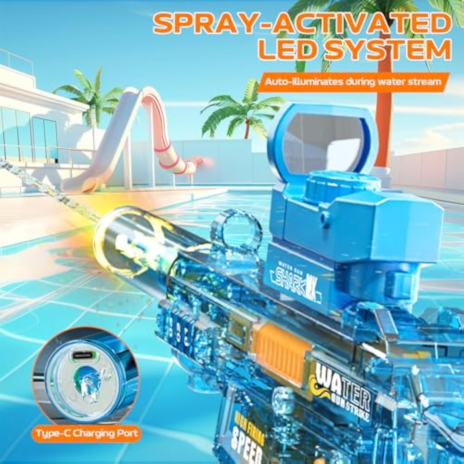 Electric Water Gun for Adults Kids, Automatic Squirt Watergun Pistol with Led Lights, Summer Outdoor Pool Beach Party Toys, UMP45 Blue