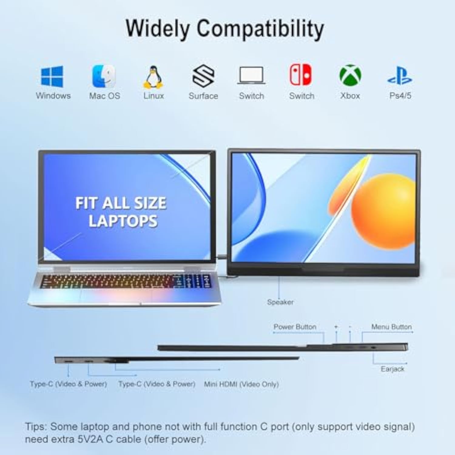 Portable Monitor for Laptop, 15.6'' 1080P FHD Laptop Screen Extender Dual Monitor- USB C HDMI Plug & Play Laptop Monitor Extender