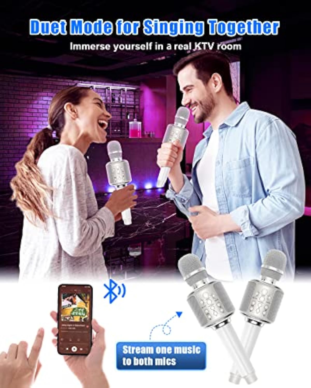 XZL Bluetooth Karaoke Microphone for Kids & Adults, Wireless Rechargeable Mic with Built-in Stereo Speaker, Echo｜Duet Mode｜Recording｜Music