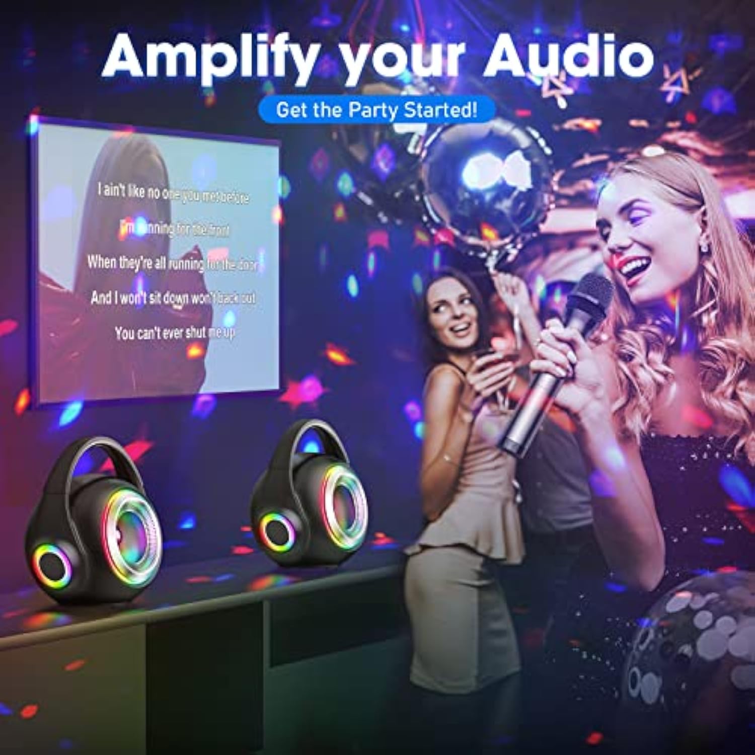 Karaoke Machine with Two Wireless Microphones, Portable Bluetooth Speaker with Bass/Treble Adjustment, PA System with Remote Control